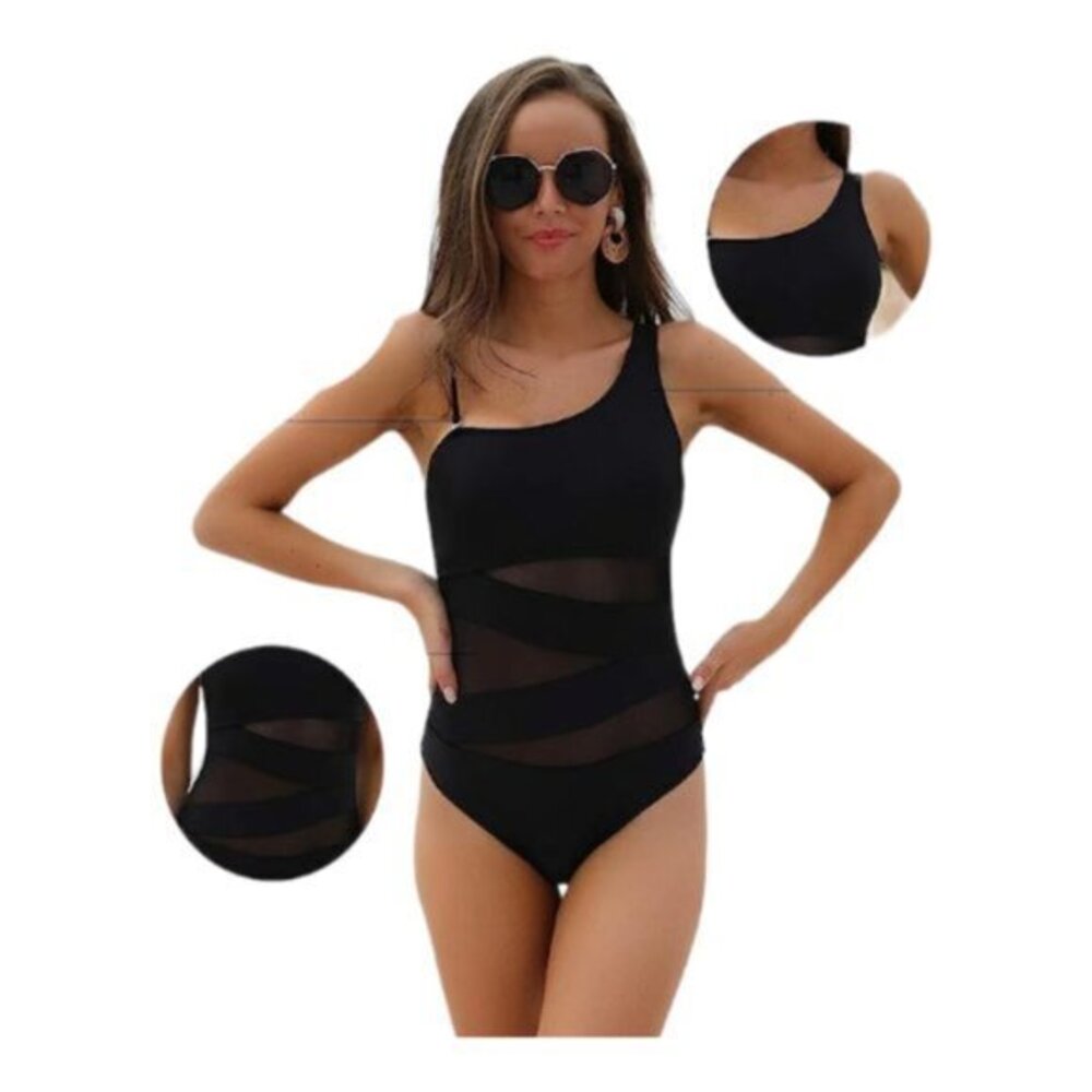 Sexy One Piece One Shoulder Swimsuit Slimming Mesh Size Small NWT #2278